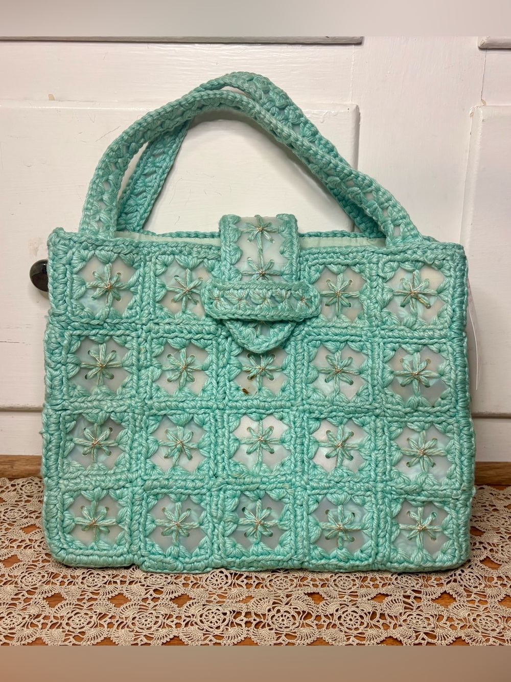 Vintage 60s Handmade Granny Square Starburst Teal Gold Crochet Tote Bag